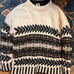 Men's Black and Cream Patterned Sweater 100% Wool Fleece Lined Hand Made